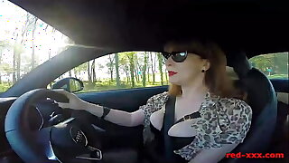 British mature Red fingers her cunt in the car again